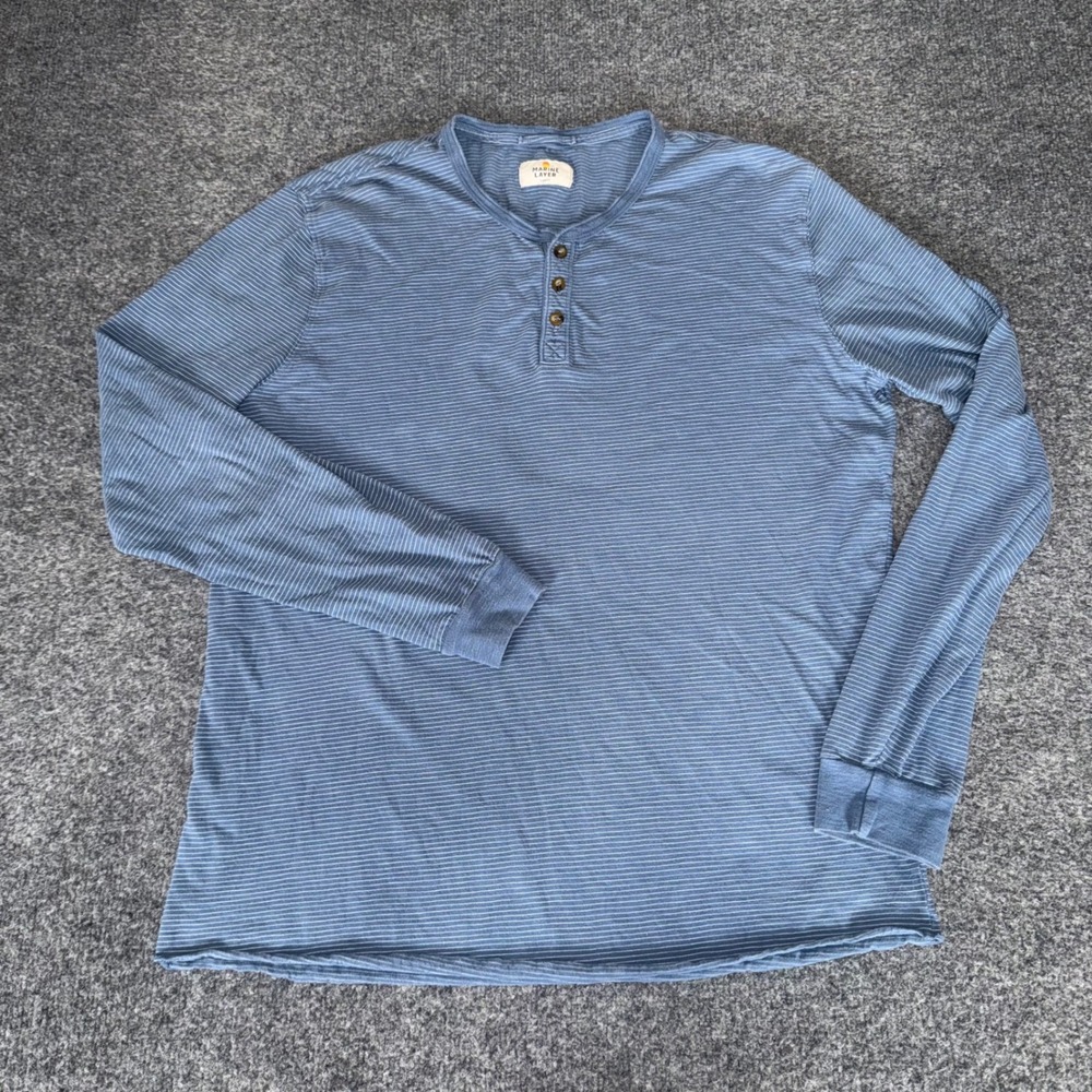 Marine Layer Mens Large Blue Striped Long Sleeve Henley Shirt Casual Pullover